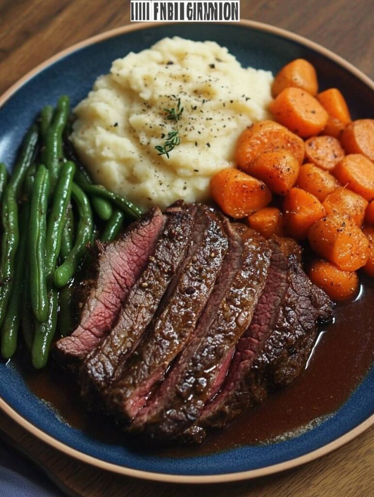 Roast Beef with Mashed Potatoes Carrots and Green Beans