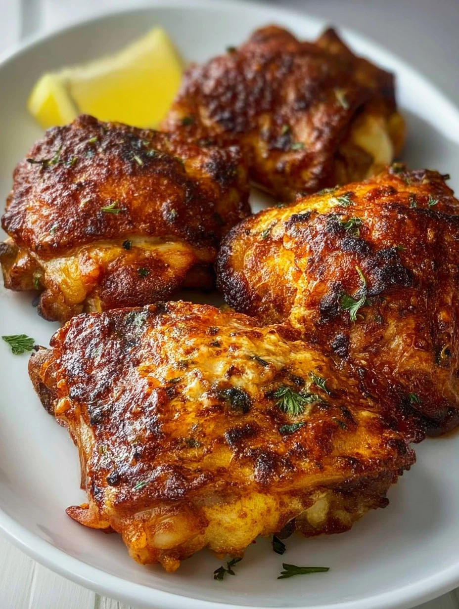 Delicious air fryer chicken thighs served on a plate with fresh herbs.