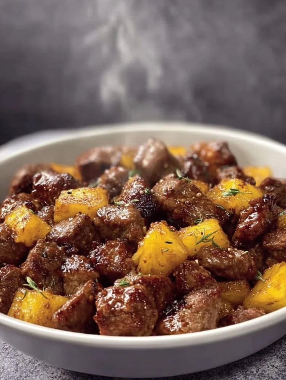 Air Fryer garlic butter steak bites served with crispy potatoes