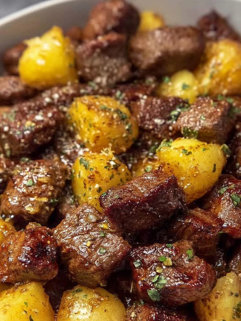 Air Fryer garlic butter steak bites with crispy potatoes served in a dish