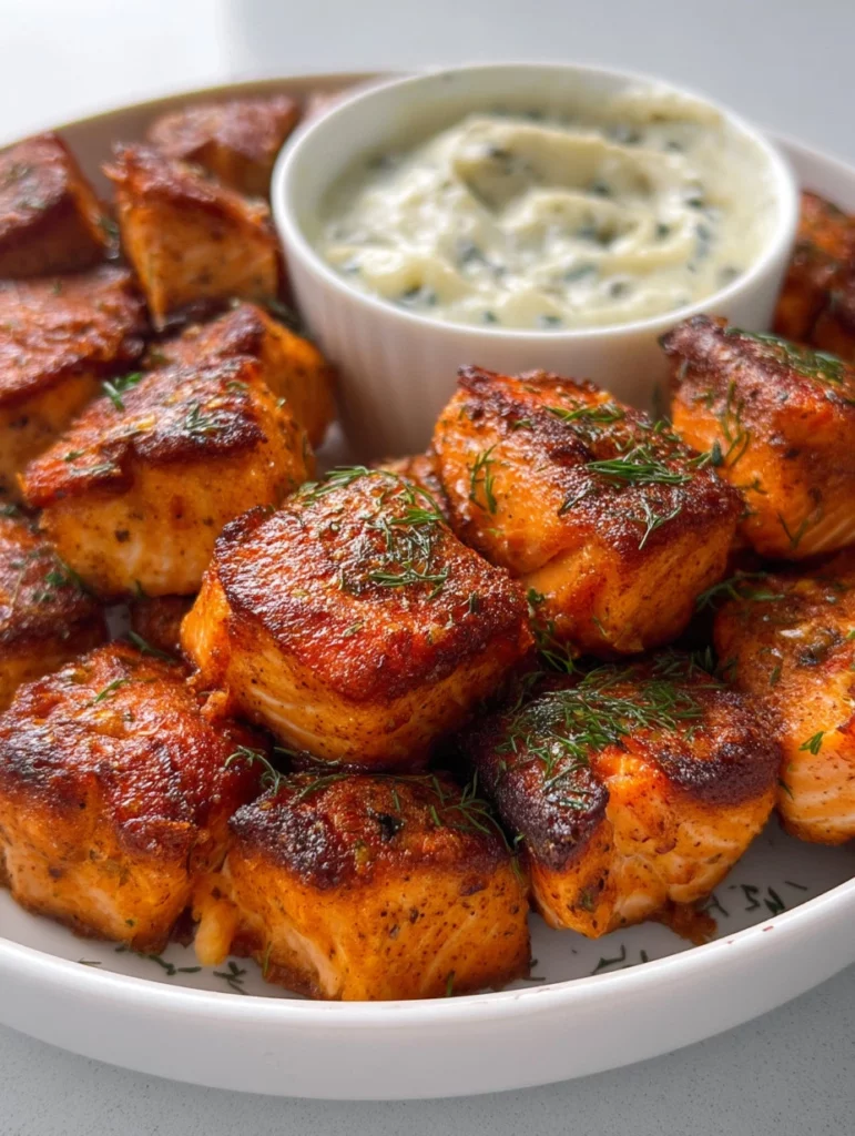 Crispy air fryer salmon bites served with a dipping sauce