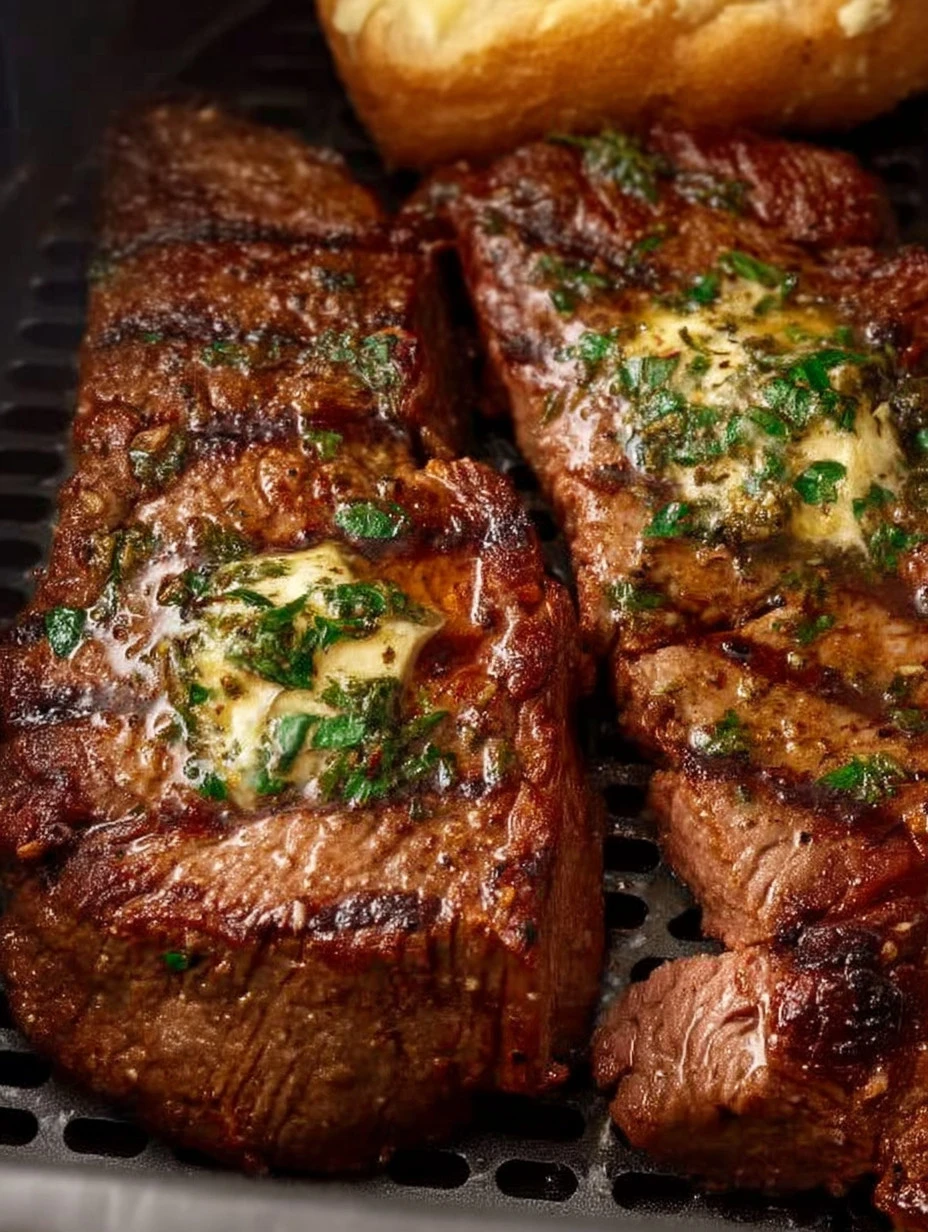 Delicious Air Fryer Steak with Garlic Herb Butter served on a plate.