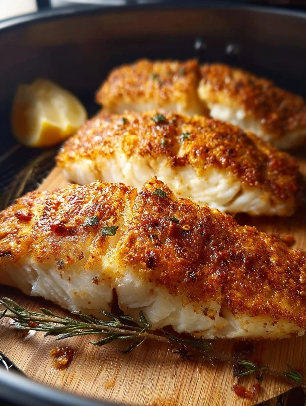 Airfried Fish Fillet served on a plate with herbs and lemon