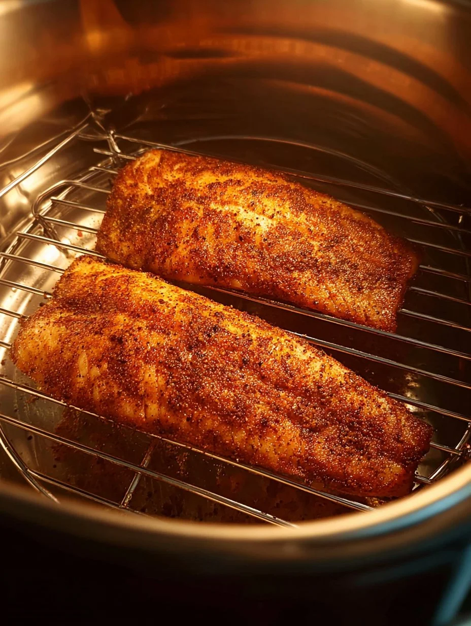 Crispy and healthy Airfried Fish Fillet on a plate with lemon garnish