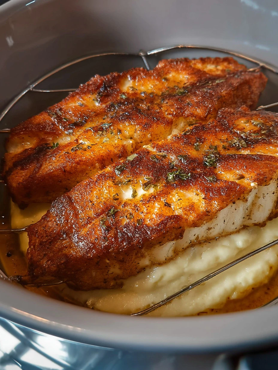 A plate of crispy airfried fish fillet garnished with herbs and lemon.