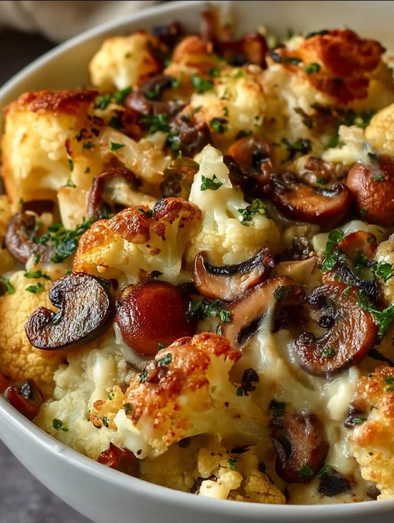 Airfryer cauliflower and mushroom dish featuring roasted veggies