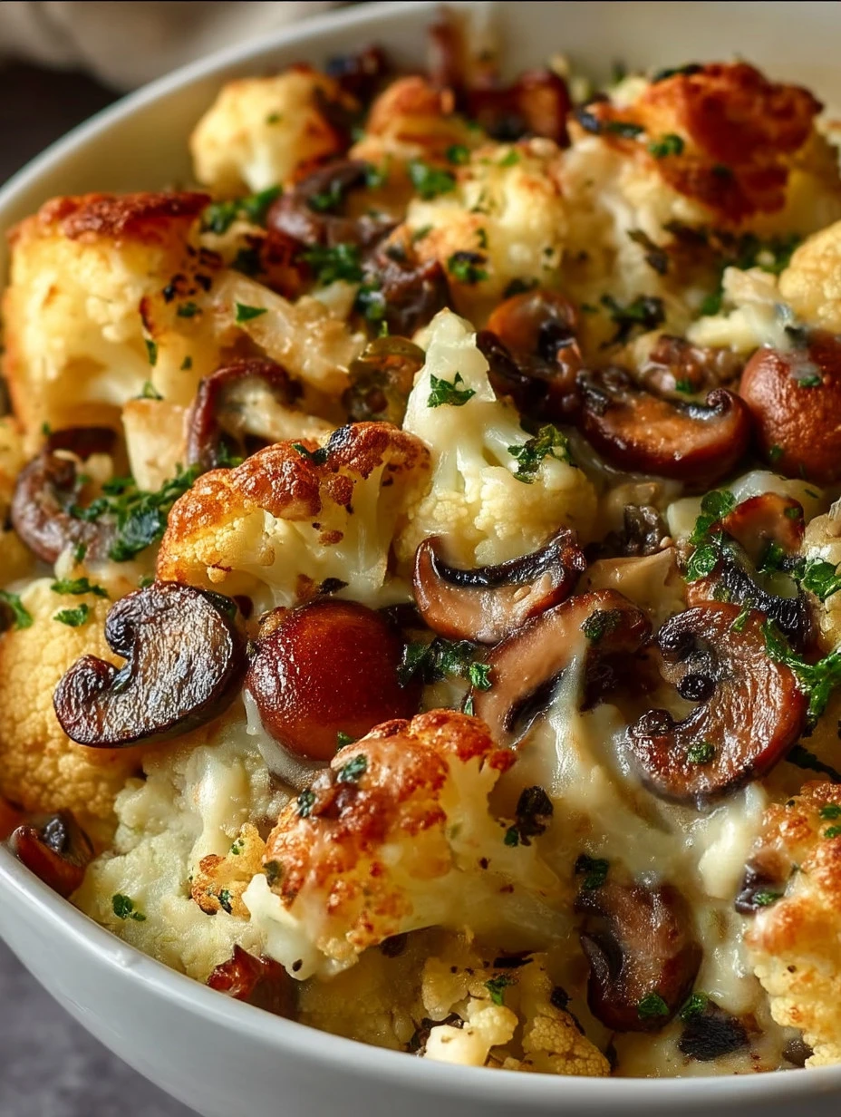 Airfryer cauliflower and mushroom dish featuring roasted veggies