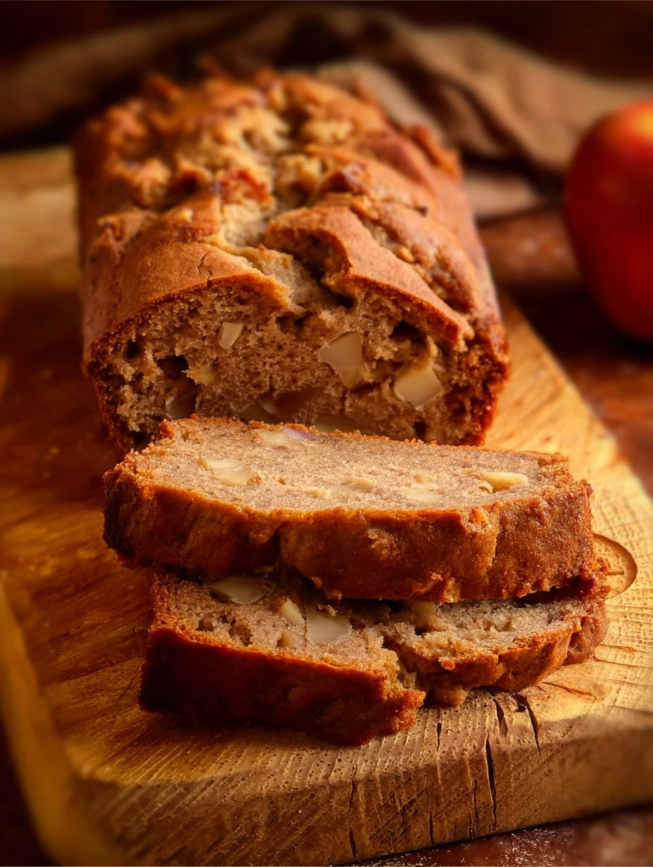 A loaf of freshly baked apple bread topped with cinnamon and apple slices.