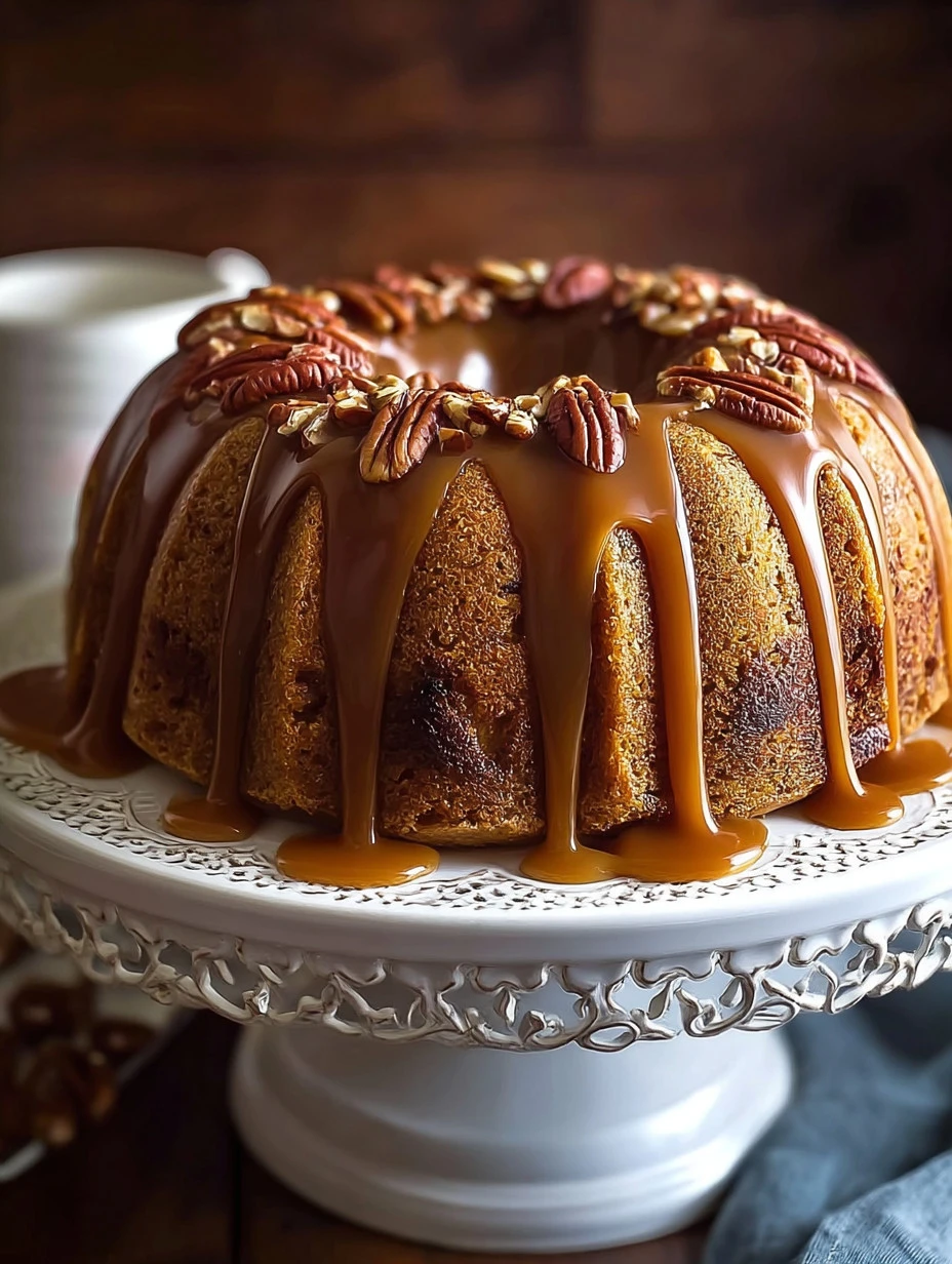 Delicious Apple Pecan Cake topped with a rich caramel glaze