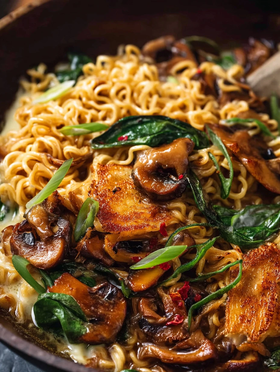 Bowl of Asian mushroom ramen noodles topped with fresh herbs and vegetables
