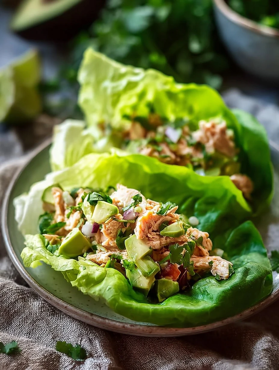Avocado chicken salad lettuce wraps served on a plate, garnished beautifully.