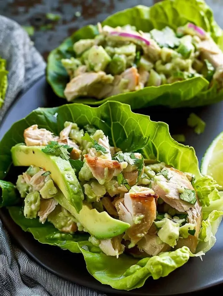 Avocado chicken salad lettuce wraps served on a plate