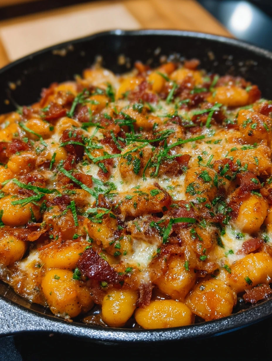 Delicious Bacon Cheeseburger Gnocchi served in a bowl with toppings