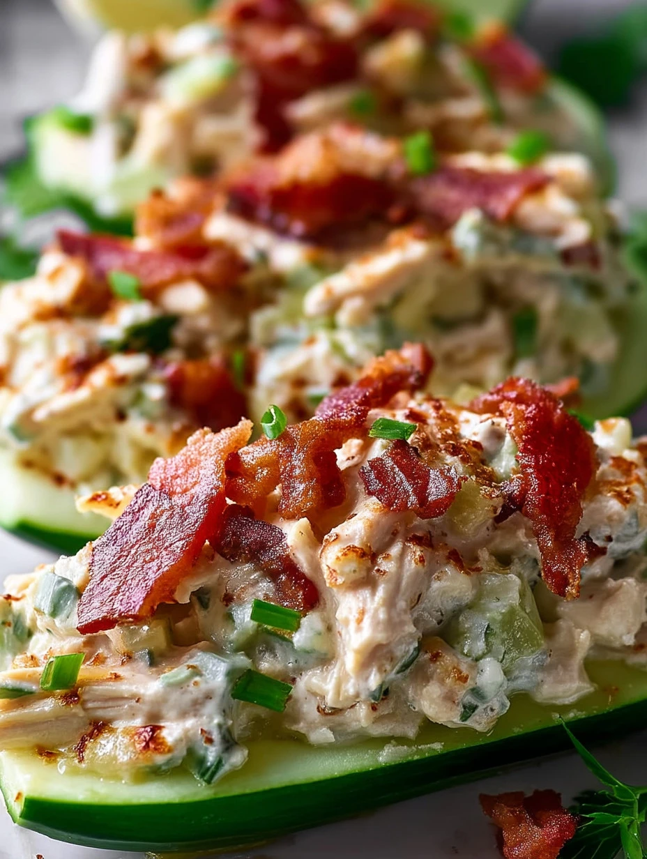 Bacon Ranch Chicken Salad served in cucumber boats for a healthy and refreshing meal