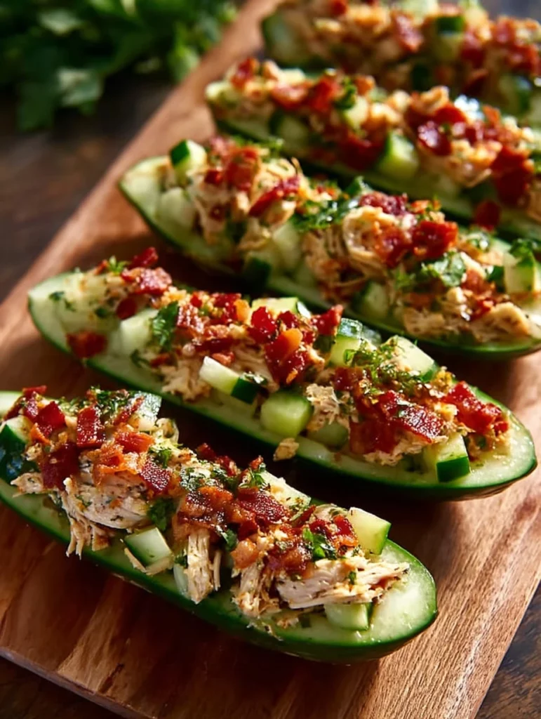 Bacon Ranch Chicken Salad served in cucumber boats for a fresh and healthy meal.