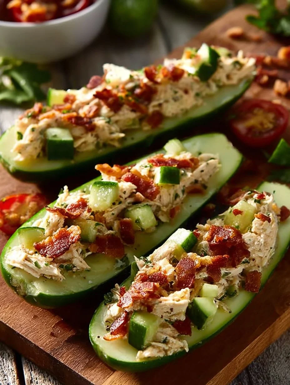 Bacon Ranch Chicken Salad served in cucumber boats, a fresh and healthy dish.