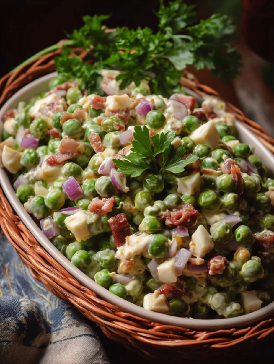 Delicious Bacon Ranch Pea Salad served in a bowl
