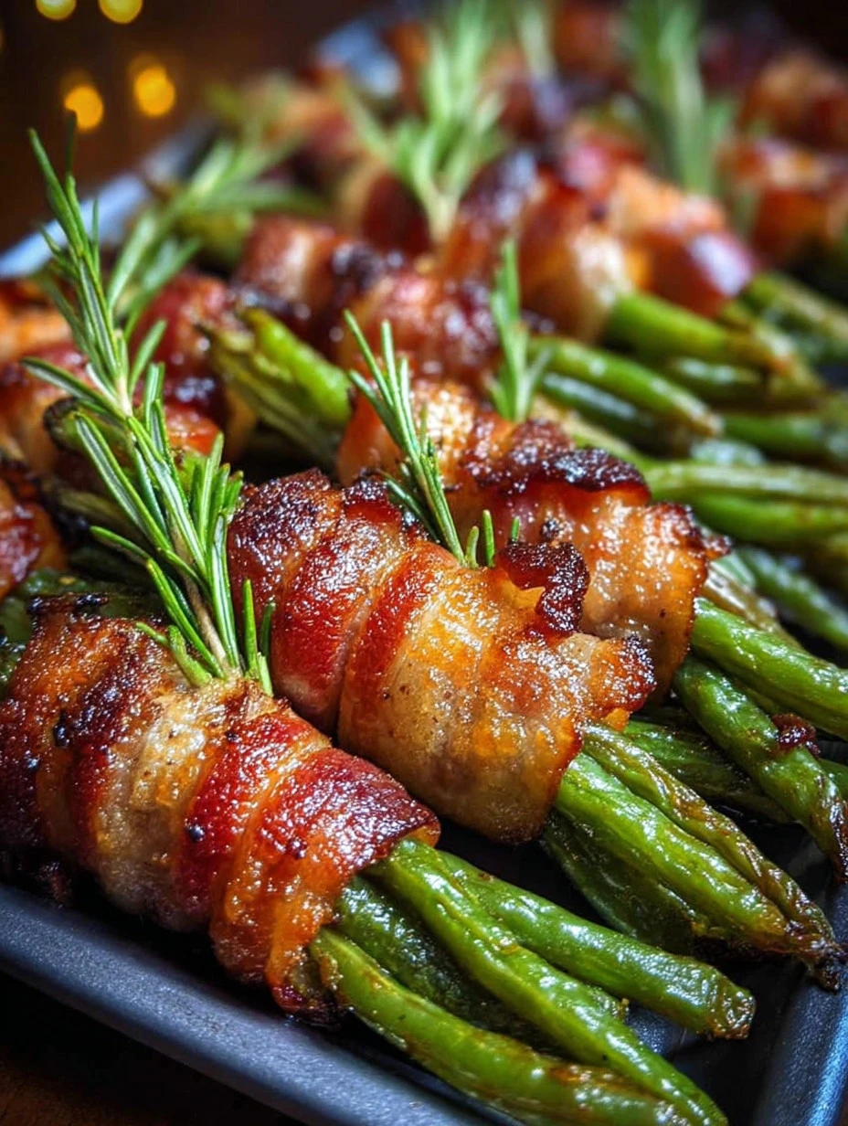 Delicious bacon-wrapped green beans served on a plate.