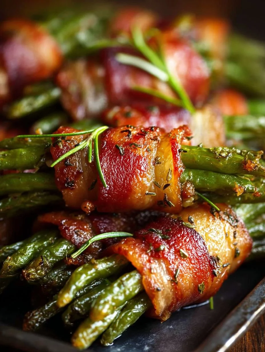 Delicious bacon-wrapped green beans garnished and ready to serve.