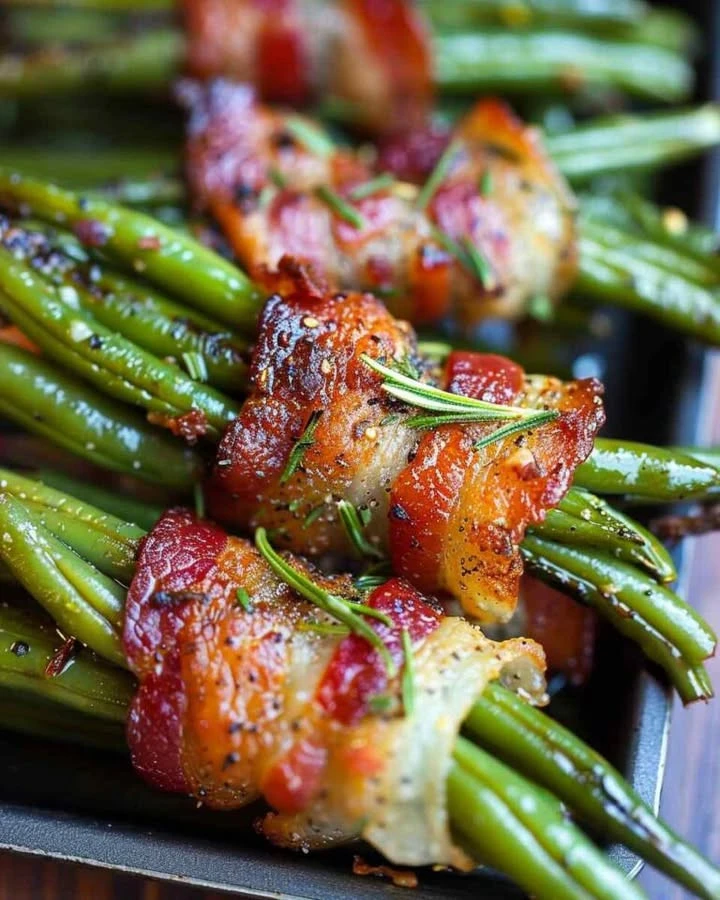 Delicious bacon-wrapped green beans served on a plate, a savory side dish.