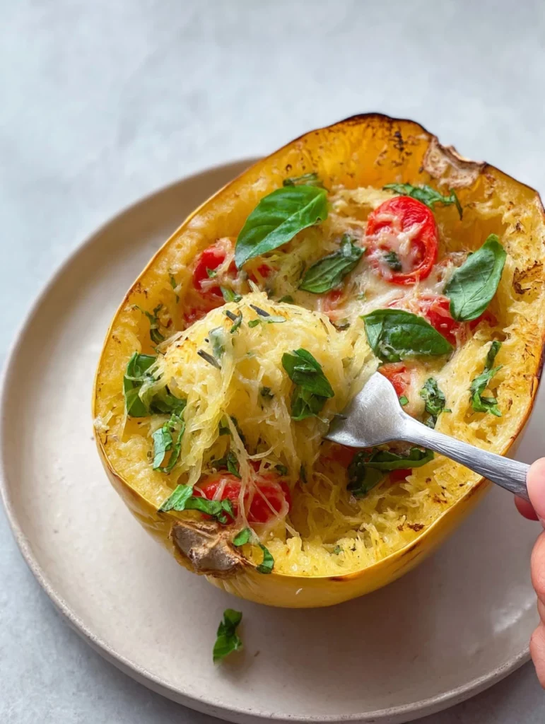 Baked feta spaghetti squash dish with herbs and cherry tomatoes