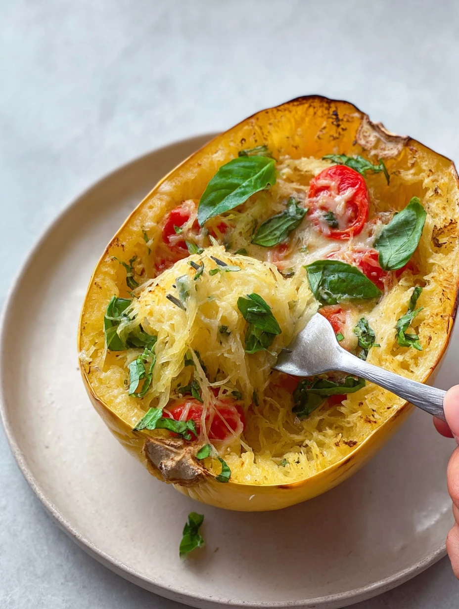 Baked feta spaghetti squash dish with herbs and cherry tomatoes