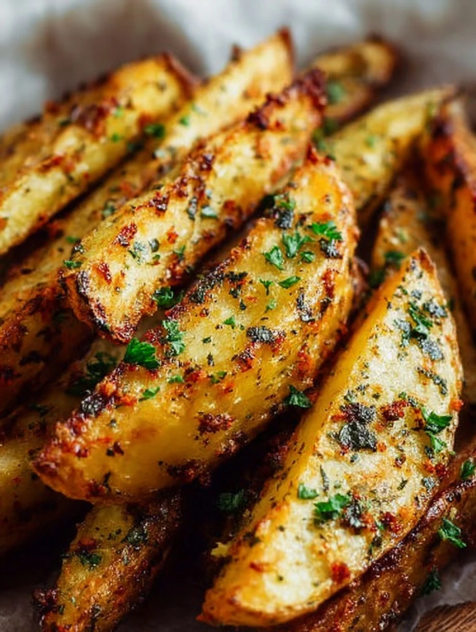Baked Garlic Parmesan Potato Wedges garnished with herbs