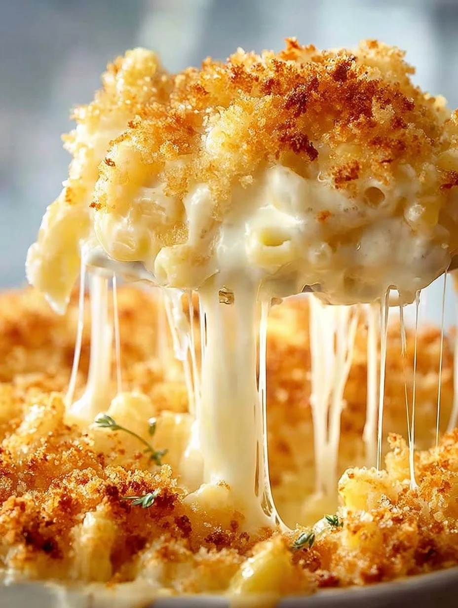 Delicious baked mac and cheese topped with a golden breadcrumb crust