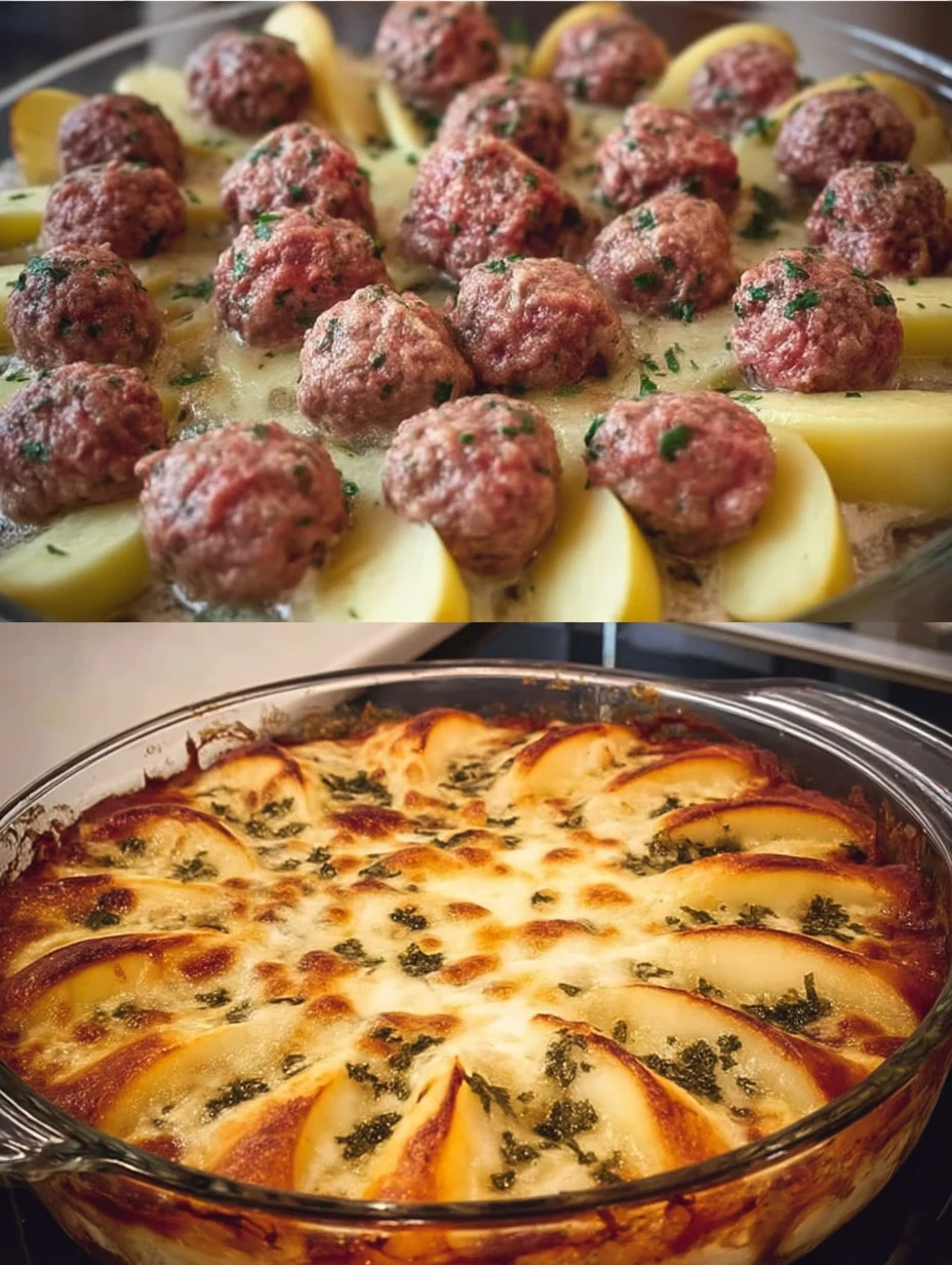 Baked potato served with flavorful meatballs on a plate.