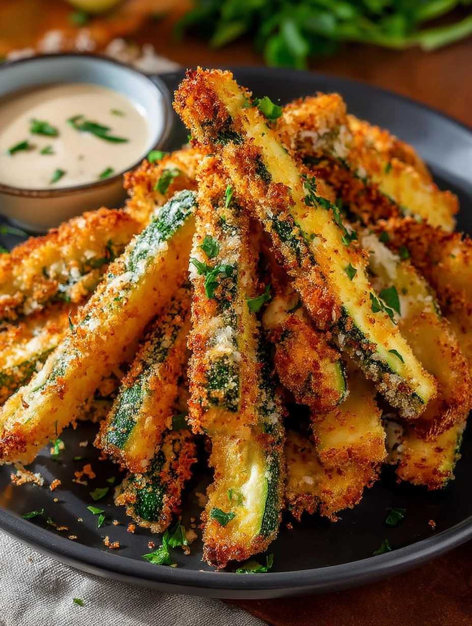 Plate of crispy baked zucchini fries served with dipping sauce