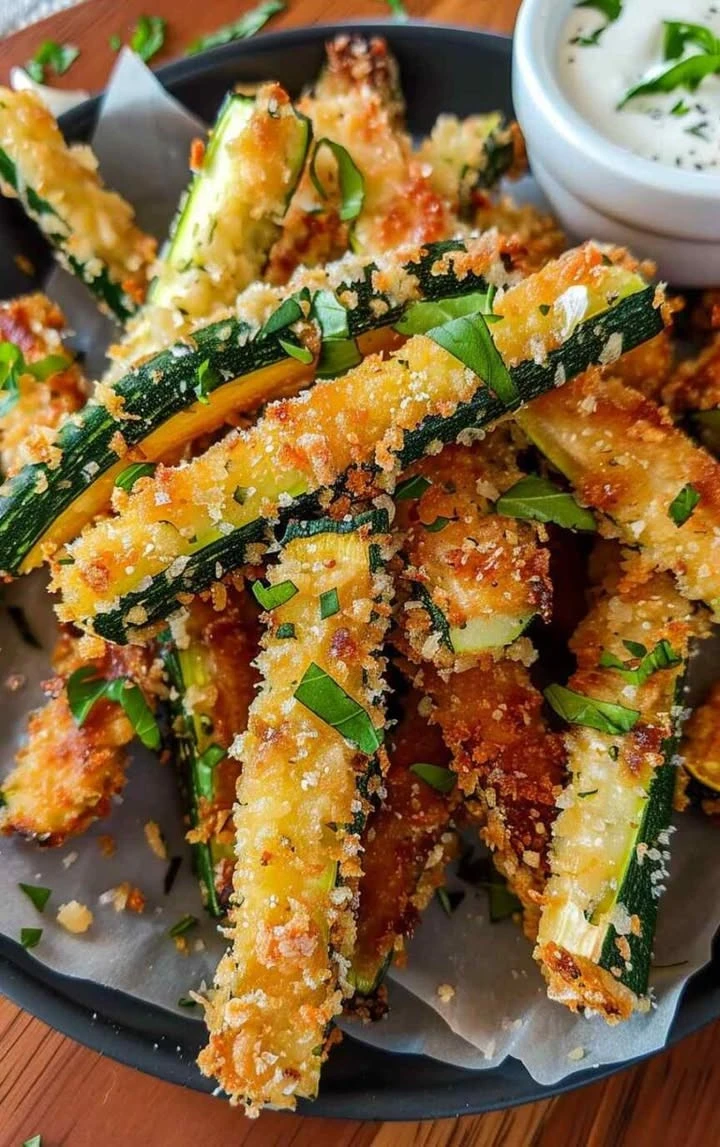 Crispy baked zucchini fries served on a plate with dipping sauce