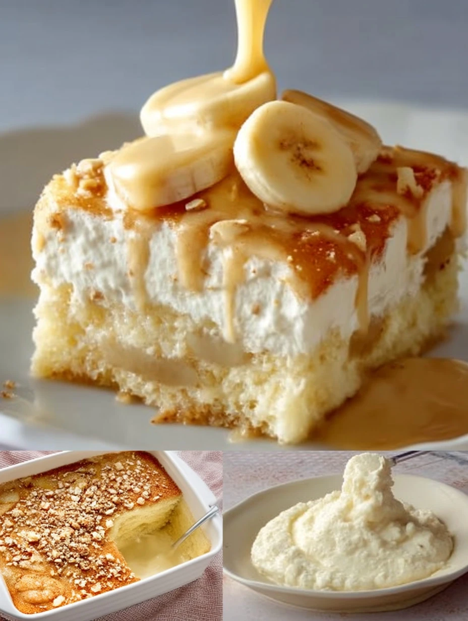 Delicious banana pudding poke cake with creamy layers and banana slices.