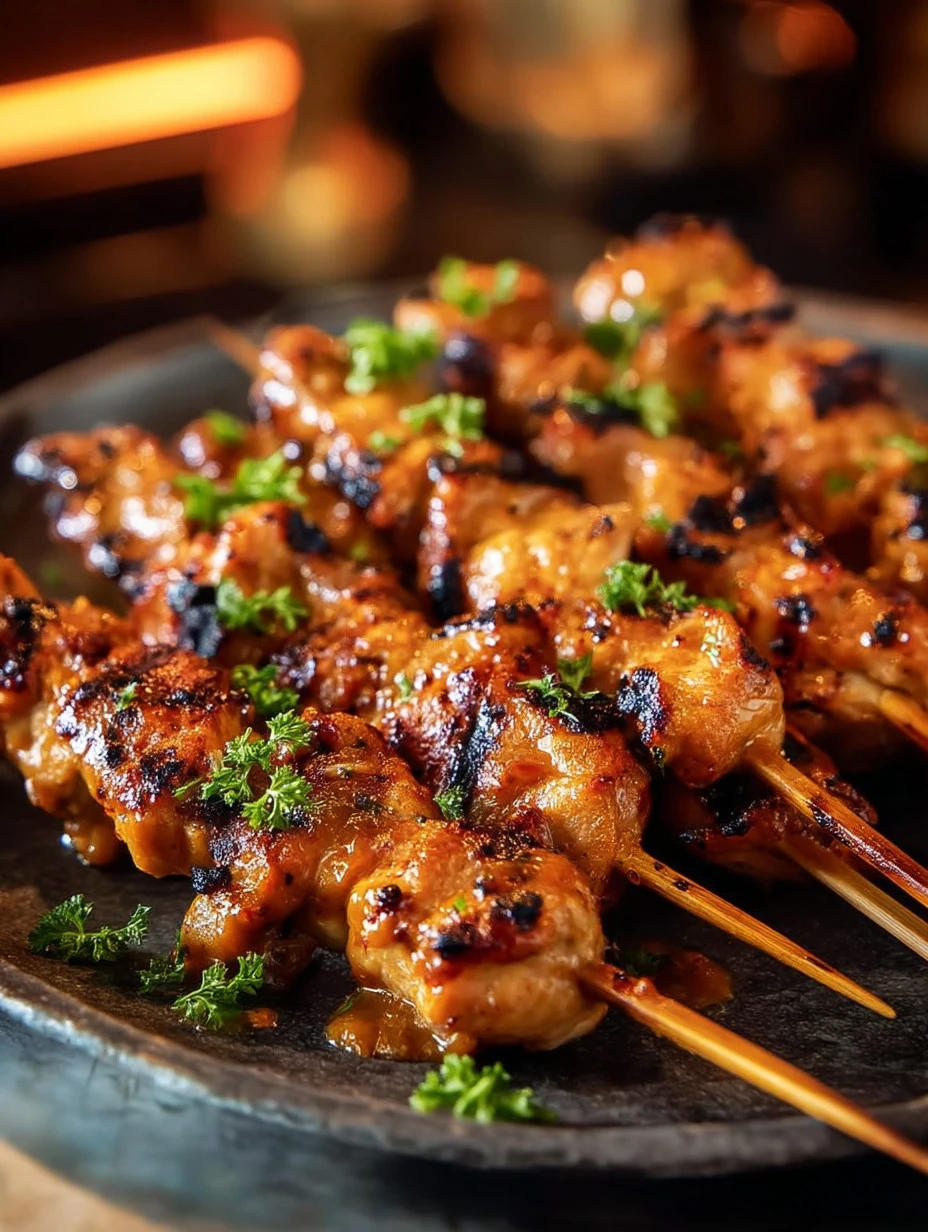 Delicious Bang Bang Chicken Skewers served with dipping sauce