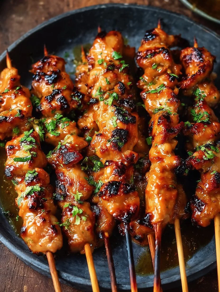 Delicious Bang Bang Chicken Skewers served on a platter garnished with cilantro.