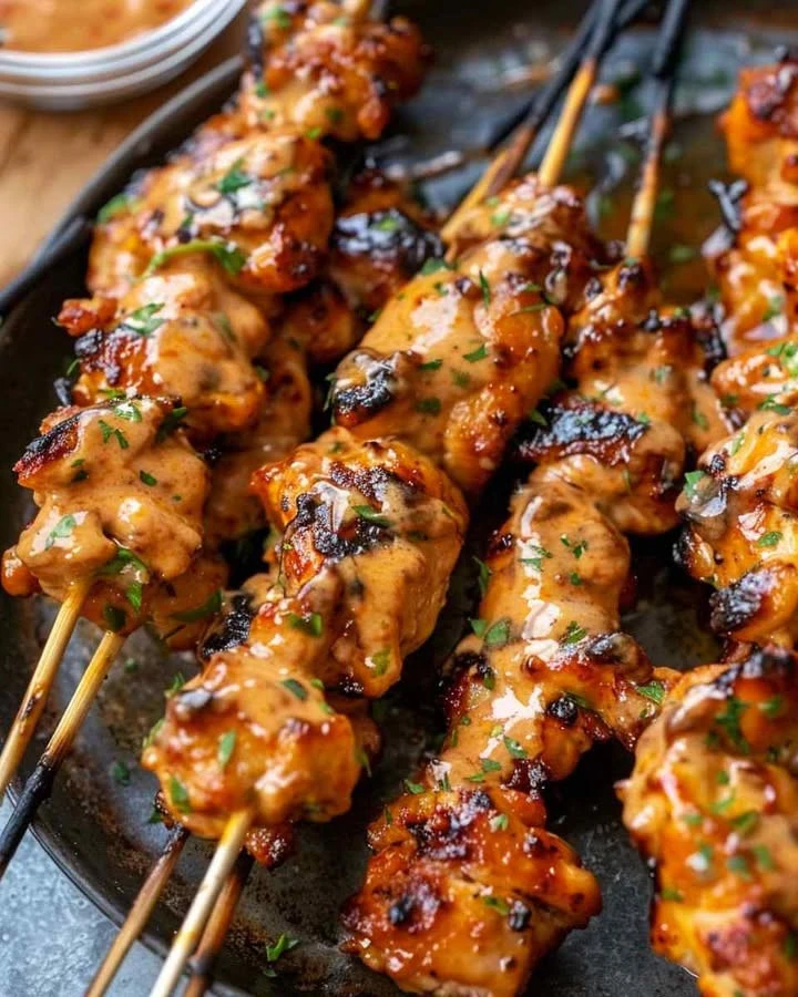 Delicious Bang Bang Chicken Skewers served on a platter with dipping sauce.