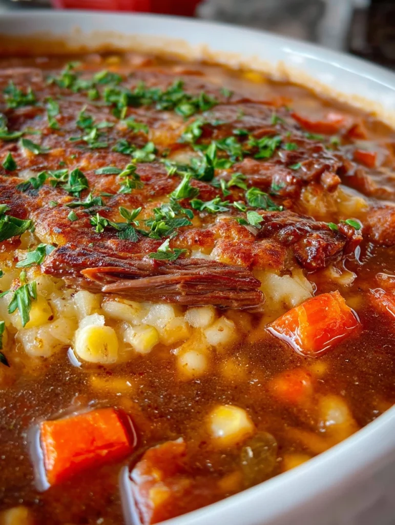 A bowl of delicious Beef Barley Soup with tender beef and barley grains.