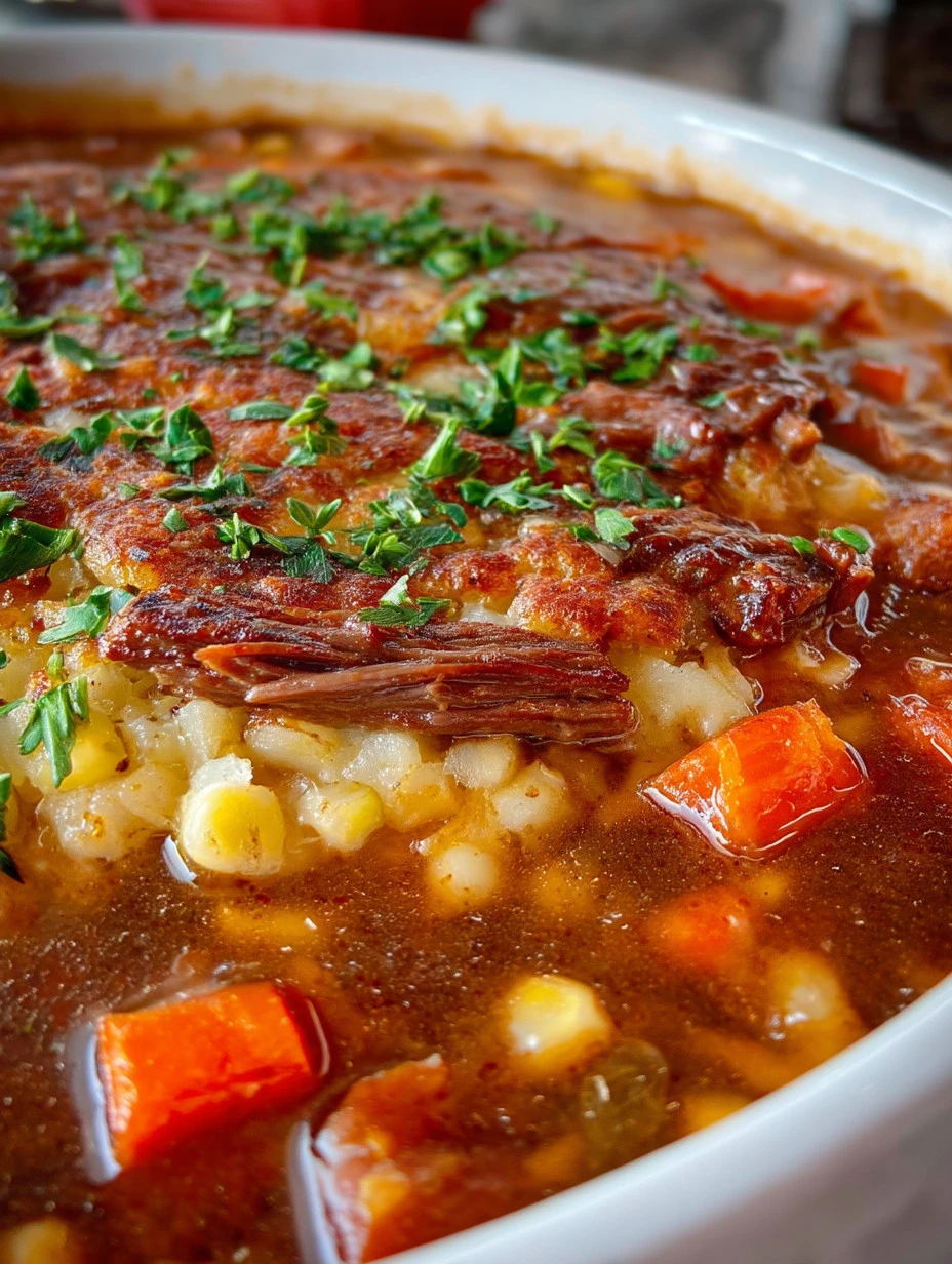 A bowl of delicious Beef Barley Soup with tender beef and barley grains.