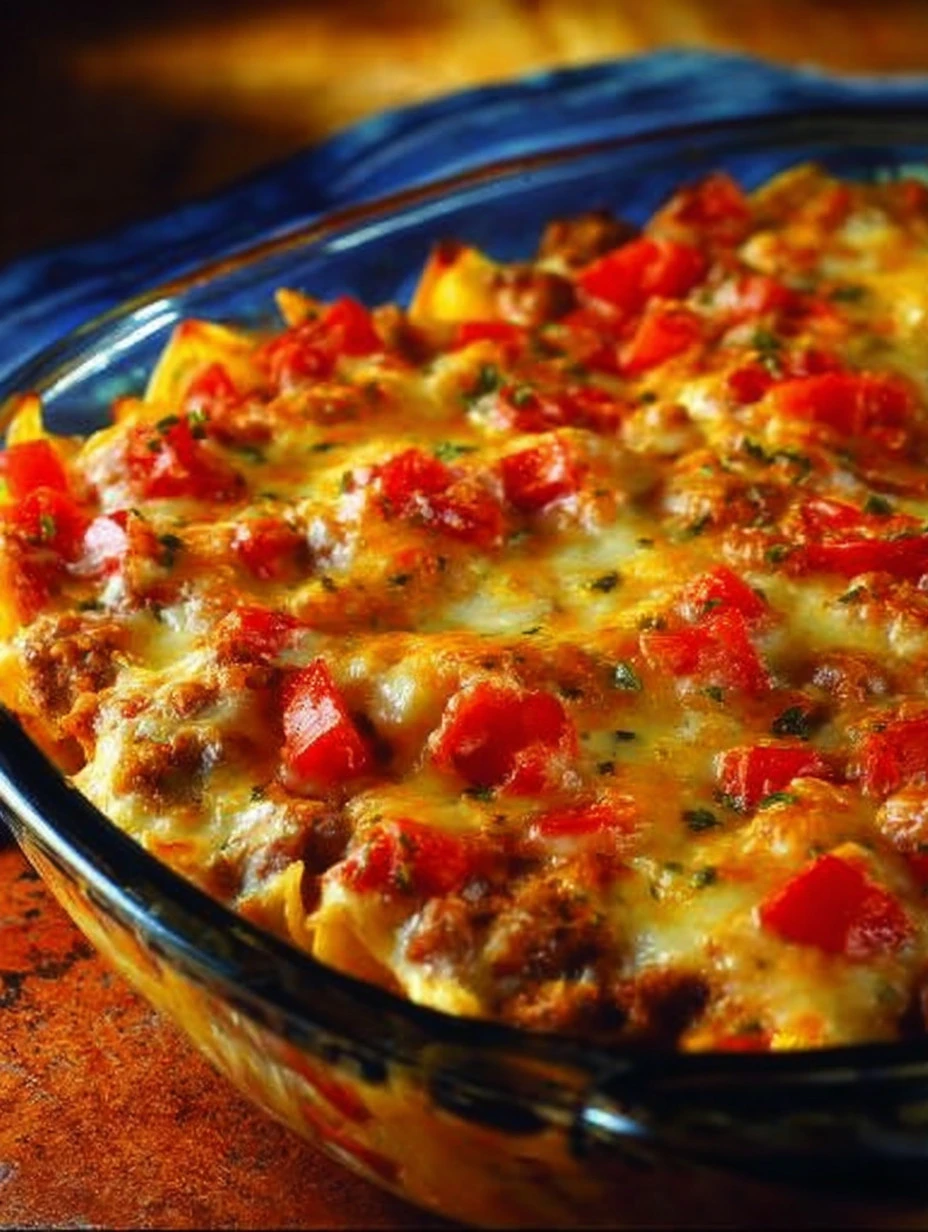 Beef Lombardi casserole dish with melted cheese and fresh herbs