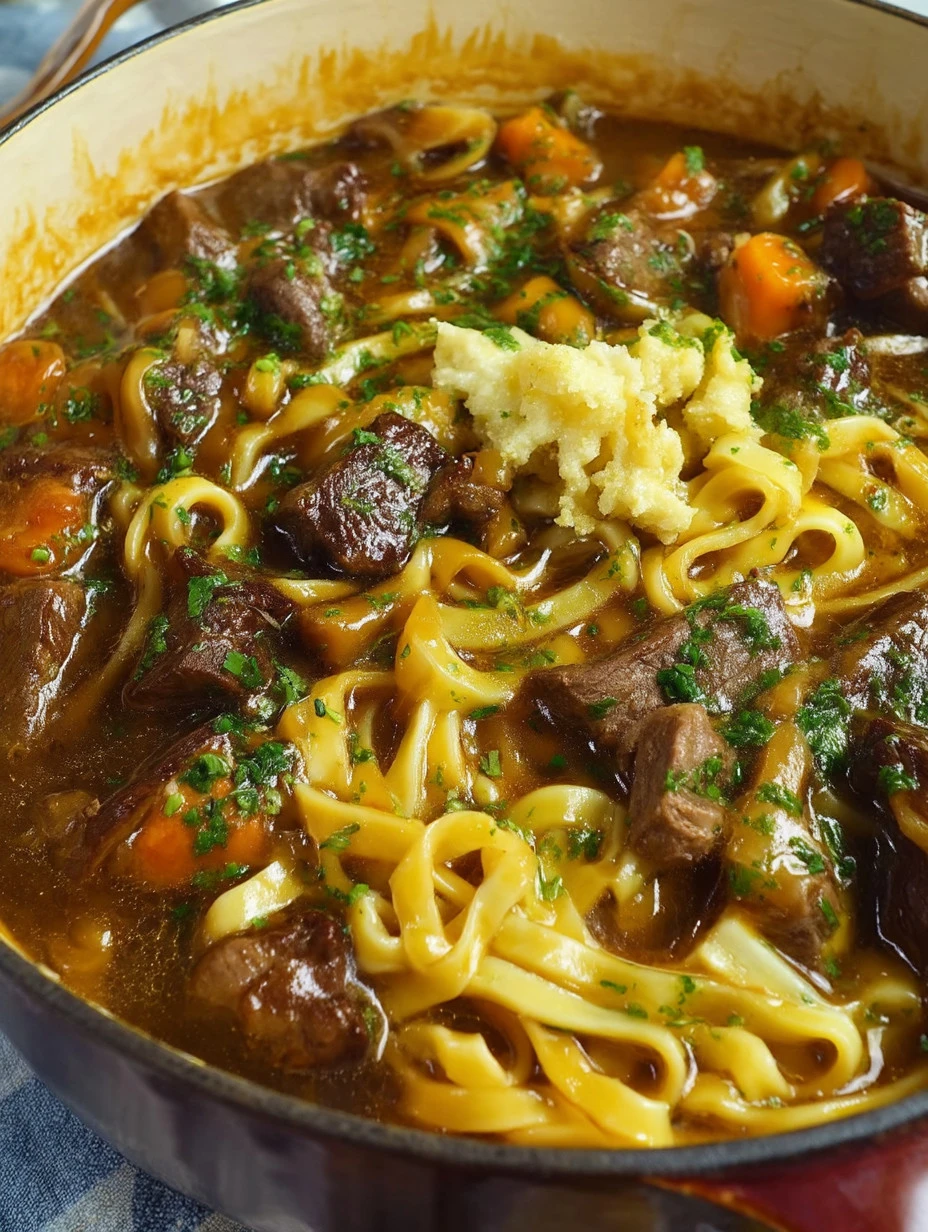 Delicious bowl of beef noodle soup garnished with fresh herbs and noodles