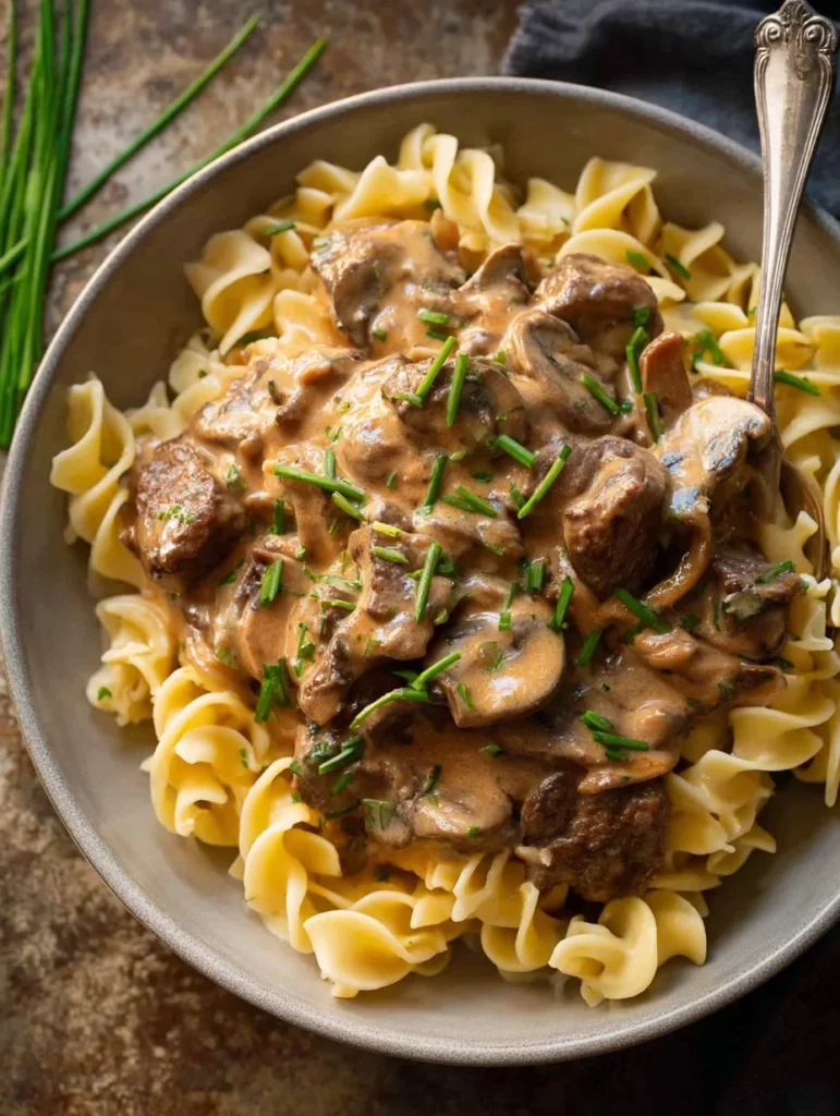 Delicious Beef Stroganoff with tender beef, mushrooms, and creamy sauce served on noodles.