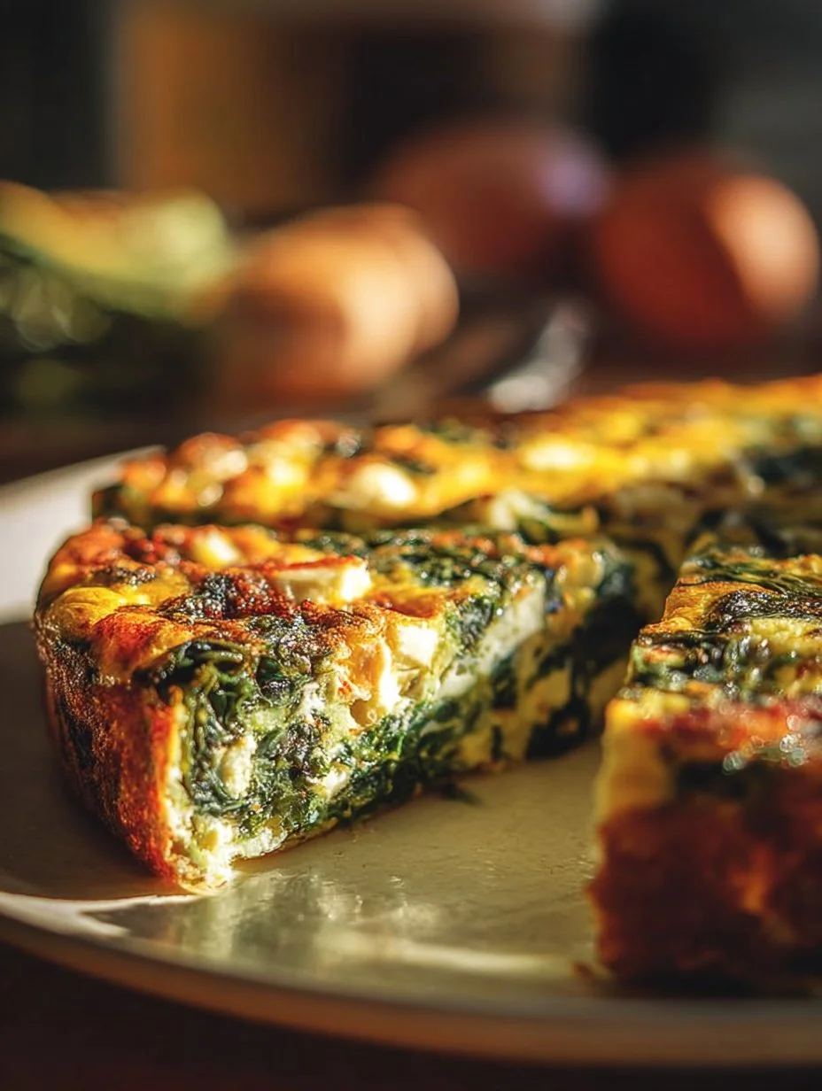 Delicious crustless spinach, onion, and feta quiche ready to serve