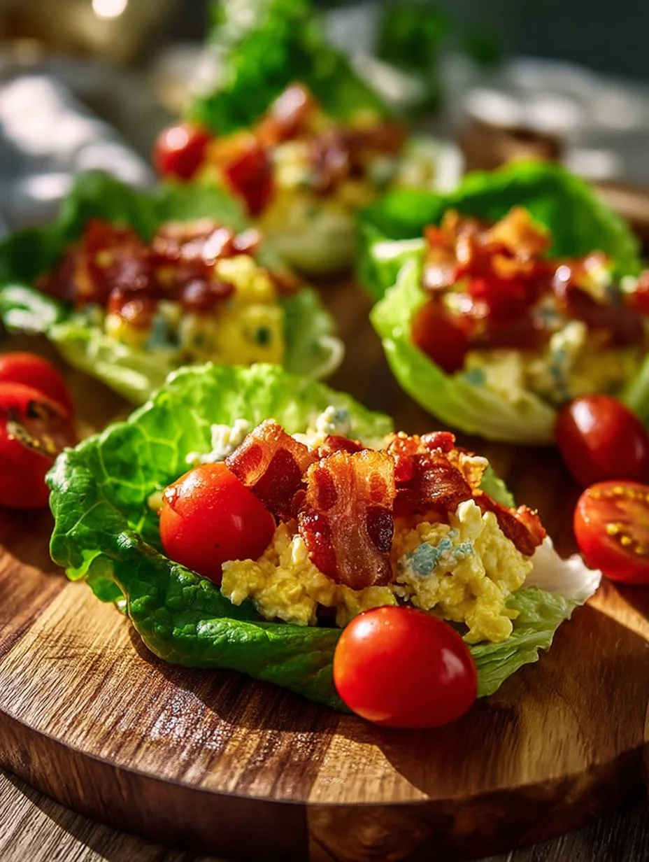 BLT egg salad lettuce wraps served on a plate, perfect for a healthy meal.
