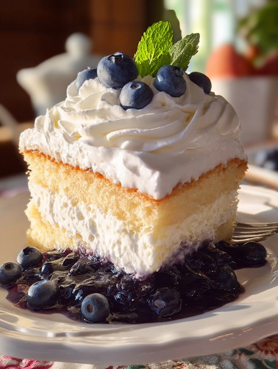 Slice of blueberry bottom cake topped with fresh blueberries on a plate