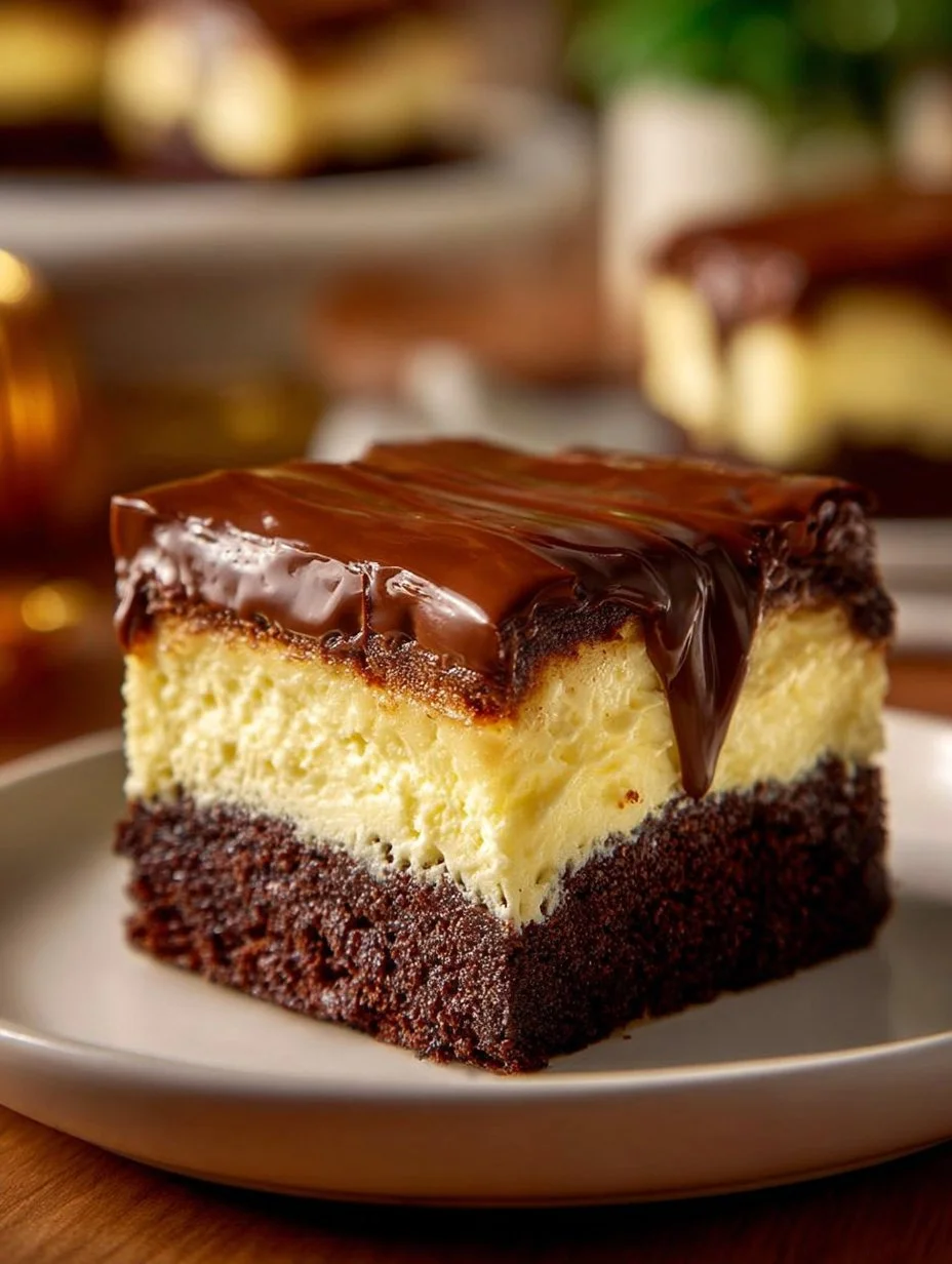 Delicious Boston Cream Poke Cake topped with chocolate ganache and whipped cream