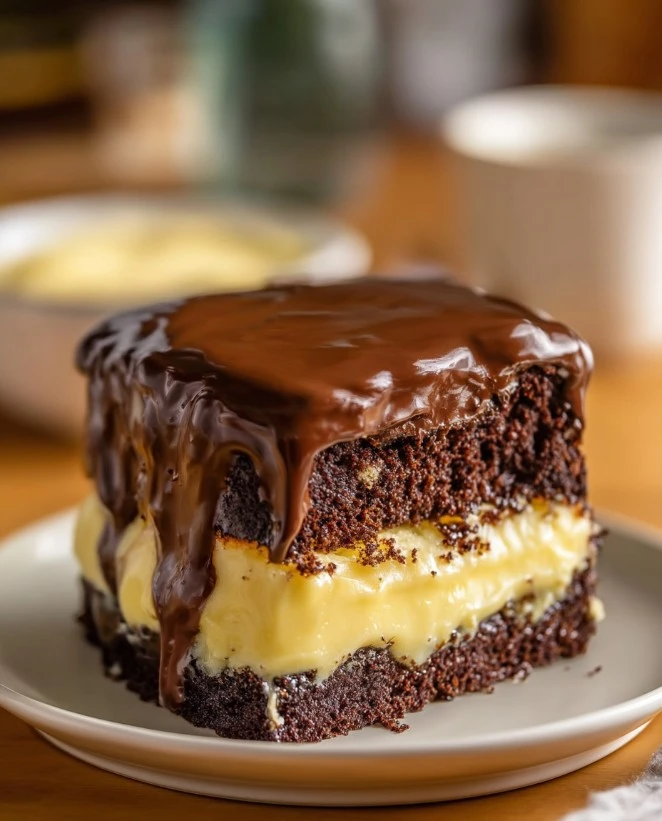 Delicious Boston Cream Poke Cake topped with chocolate and creamy filling