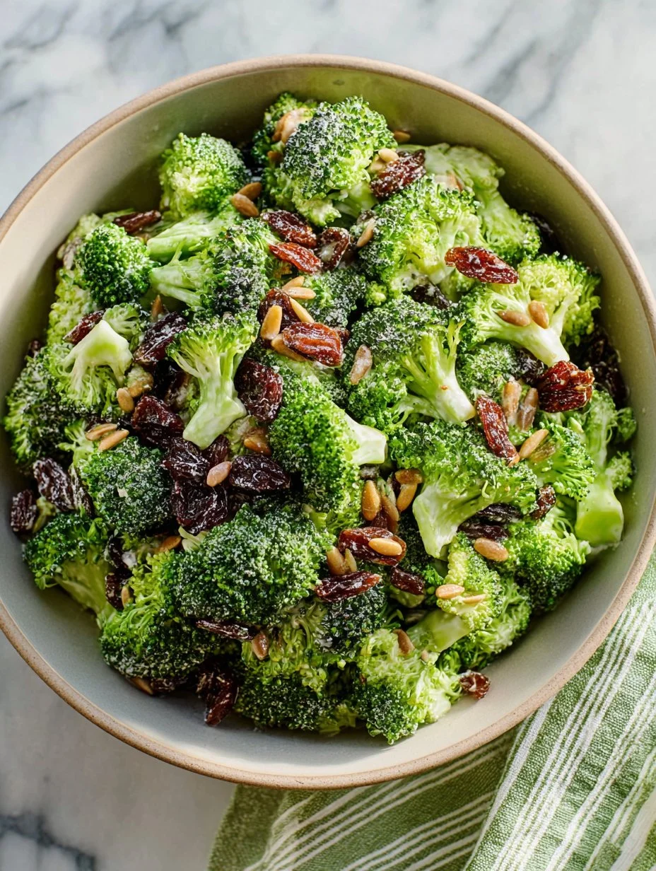 Bowl of colorful Broccoli Raisin Salad topped with nuts and dressing.