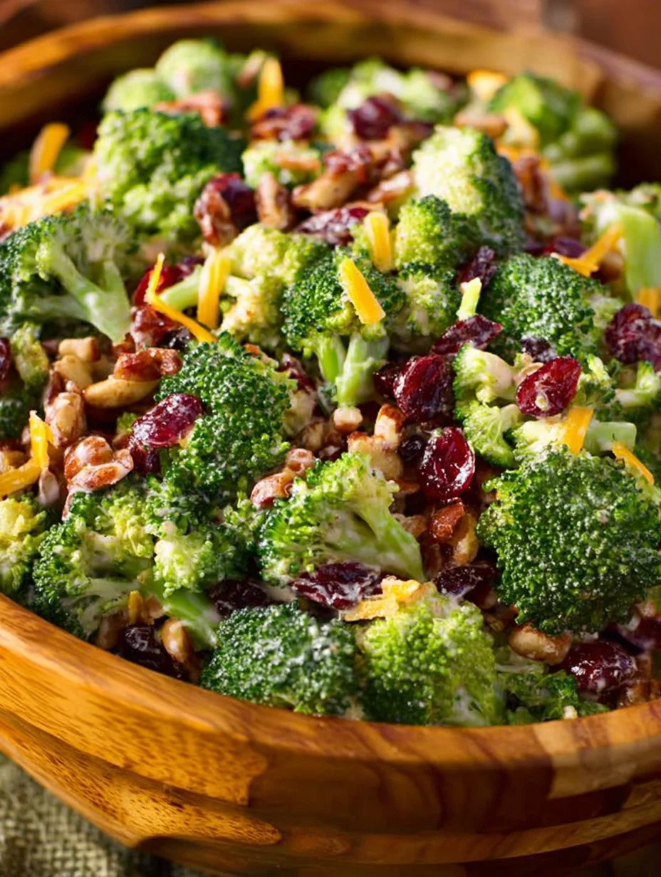 A vibrant bowl of fresh broccoli salad with nuts and dressing.