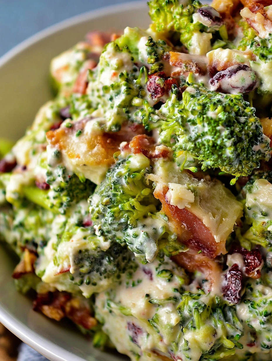 A vibrant broccoli salad with fresh vegetables, drizzled with dressing.