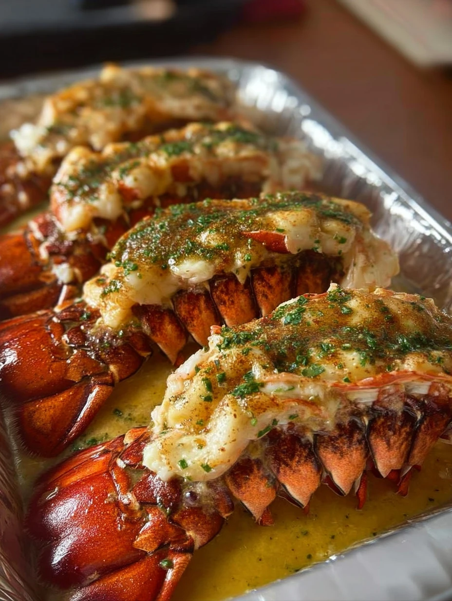 Broiled lobster tails with garlic butter on a serving plate