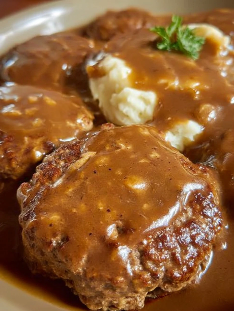 Brown gravy smothered hamburger steaks on a plate with side dishes